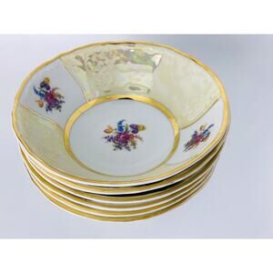 Rare Bernadotte Czech 5” Bowls Floral/Iridescent Gold Vintage-Set of 6